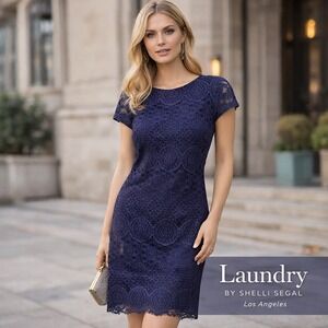 Laundry by Shelli Segal Navy Blue Lace Sheath Dress Women's 4 Romantic Feminine